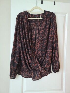 T Tahari Brown And Black Cheetah Print Faux Wrap Long Sleeve Blouse